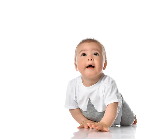 Little baby boy toddler in grey casual jumpsuit — Stock Photo, Image