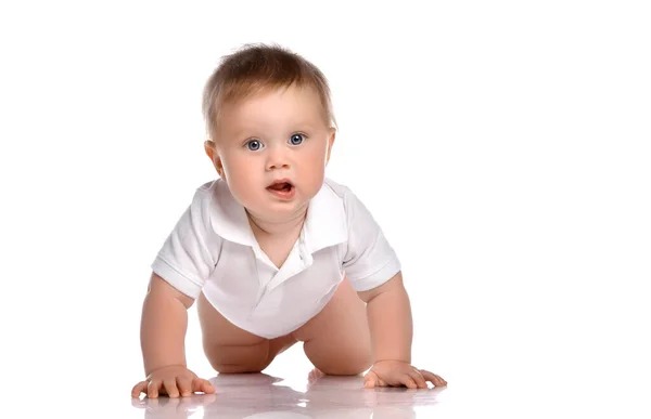 Cute little baby in a summer shirt crawls on a white background.