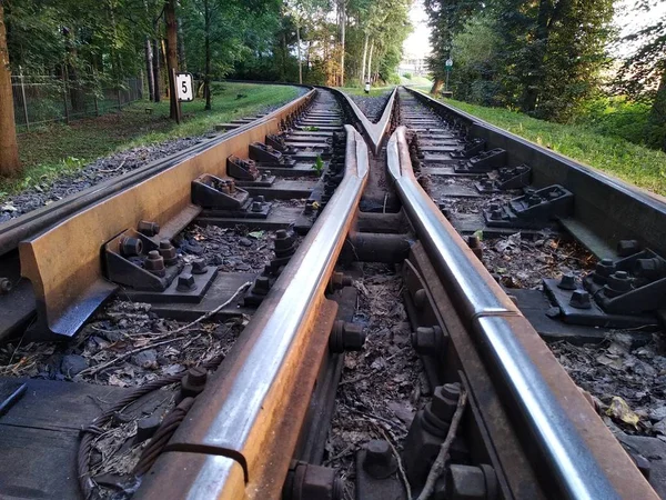 Eisenbahn bei Sonnenuntergang. Fahrzeug, Stadtverkehr. Schienen und Schwellen im letzten Sonnenlicht. Reisen durch das Land an Feiertagen und Wochenenden — Stockfoto