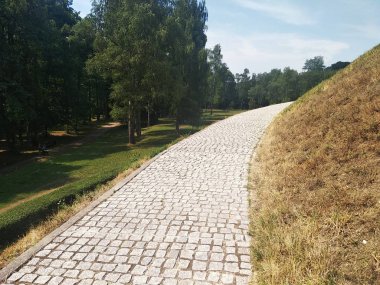 mavi gökyüzü arka planda yanmış sarı çim bir höyük ve havanın beyaz bulutlar. Yürüyüş, Bisiklet veya binicilik. toprakları keşfetmek için Gözlem güvertesine yokuş yukarı tırmanmaya.