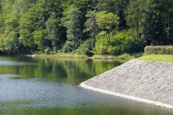 Jezioro leśne z zieloną wodą i kamiennym brzegiem w słoneczny dzień. miejsce aktywnego wypoczynku obywateli, krajobraz naturalny, wygaszacz ekranu, tło. — Zdjęcie stockowe