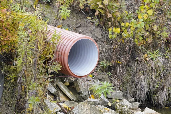 plastic pipe to drain water or waste from the river. the pipe comes out of the ground in the forest