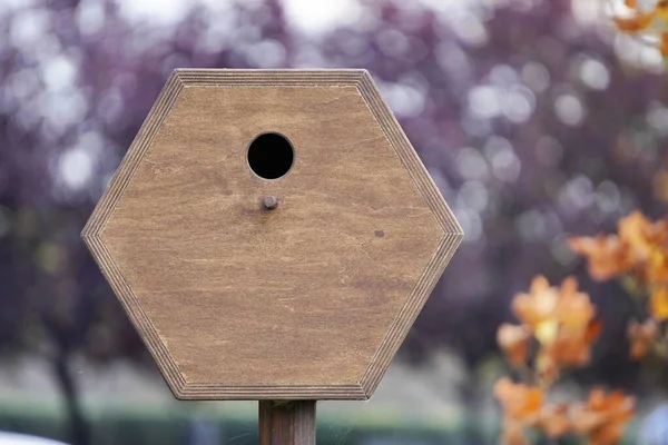 Casa in legno per uccelli forma pentagonale, foglie giallo autunno sullo sfondo. birdhouse per uccelli in inverno, alimentazione, supporto vitale — Foto Stock