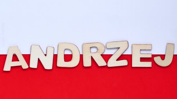 Palabras Andrzej Duda Traducir Nombre Andrzej Duda Fondo Bandera Polaca — Vídeo de stock