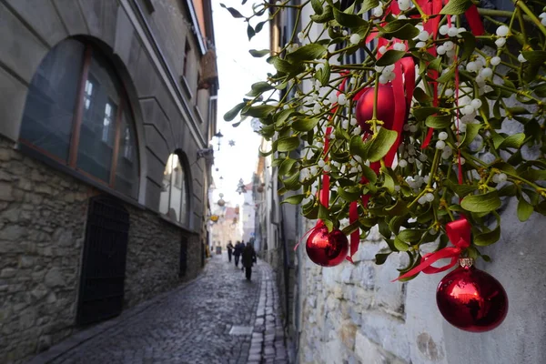 Bough Visco Natal Decorado Para Férias Inglaterra Beijando Bough Com — Fotografia de Stock