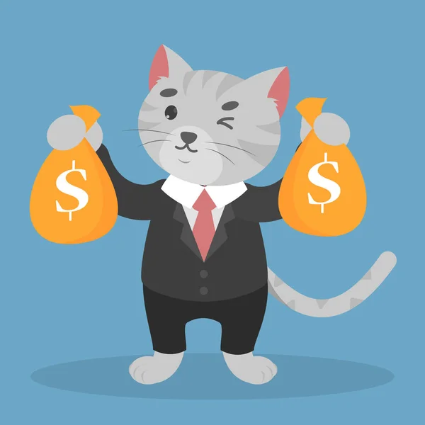 快乐的商务猫西装拿着钱袋 — 图库矢量图片