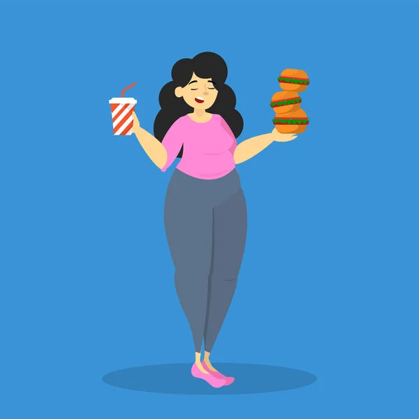 Fat overgewicht vrouw eet junk food. Volwassen eten — Stockvector