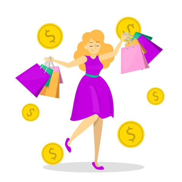 La mujer feliz tiene muchas bolsas de la compra. Shopaholic — Archivo Imágenes Vectoriales