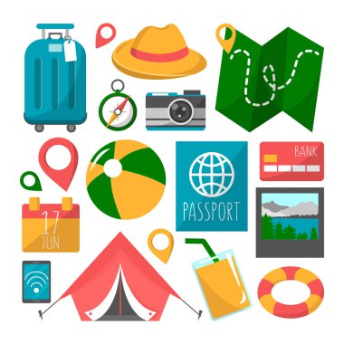 Seyahat seti. Turizm sembolü ve yaz tatili koleksiyonu