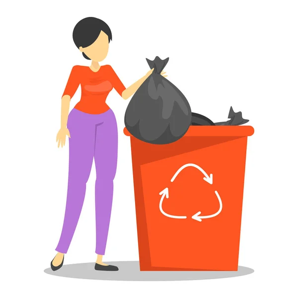 Mujer sosteniendo la basura y de pie en el contenedor de basura — Vector de stock