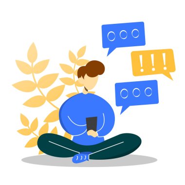 Cep telefonunda oturan ve sohbet eden genç adam