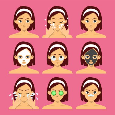 Yüz maskesi seti farklı tip ile kadın yüzü