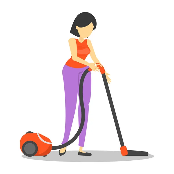 Wanita muda membersihkan rumah dengan vacuum cleaner - Stok Vektor