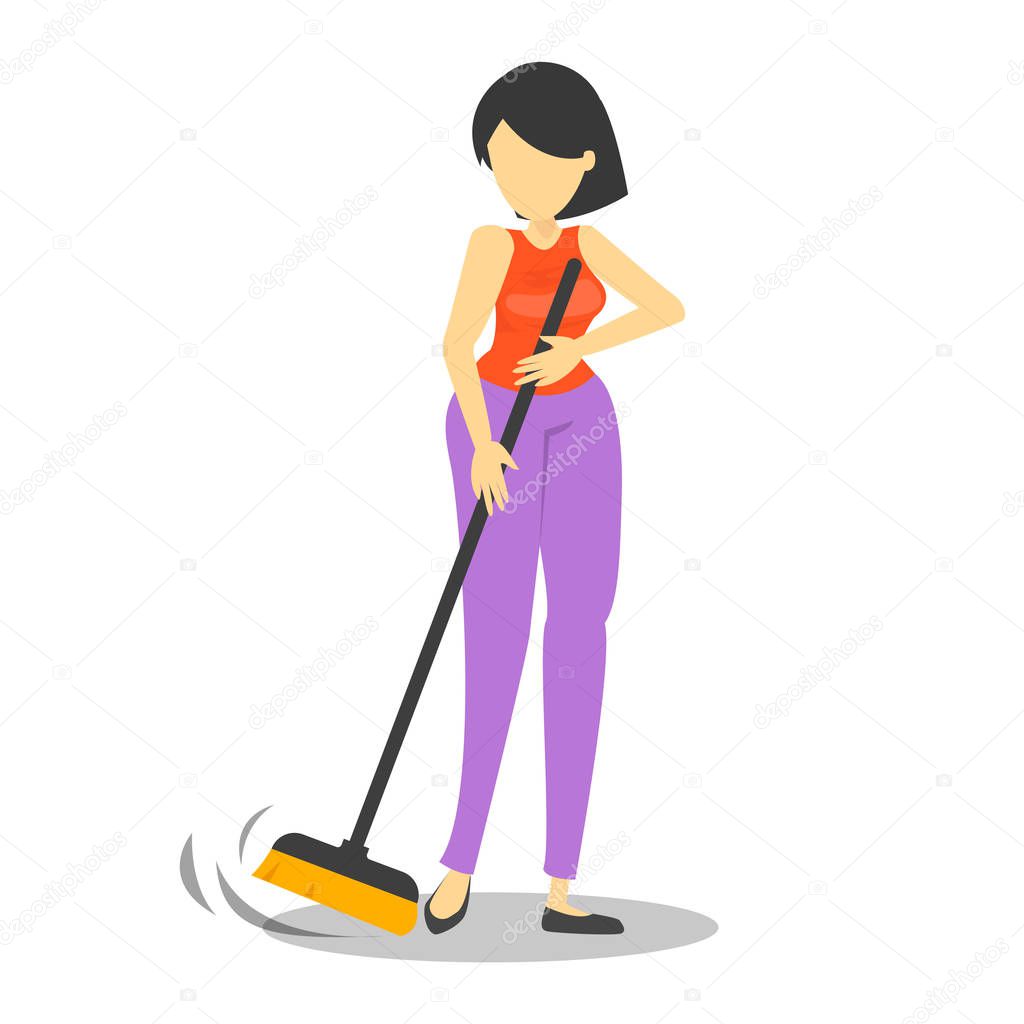 Woman holding broom and cleaning the floor at home