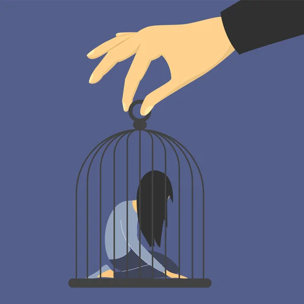 Kafesteki üzgün kadın. Erkek istismar kadın