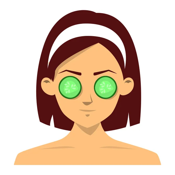 Linda cara hermosa mujer con máscara de pepino en los ojos — Vector de stock