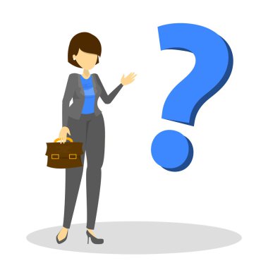 İş kadını ve büyük soru işareti. Kadın düşünmek