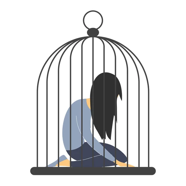 Sad woman in the cage. Man abuse woman — Stock Vector