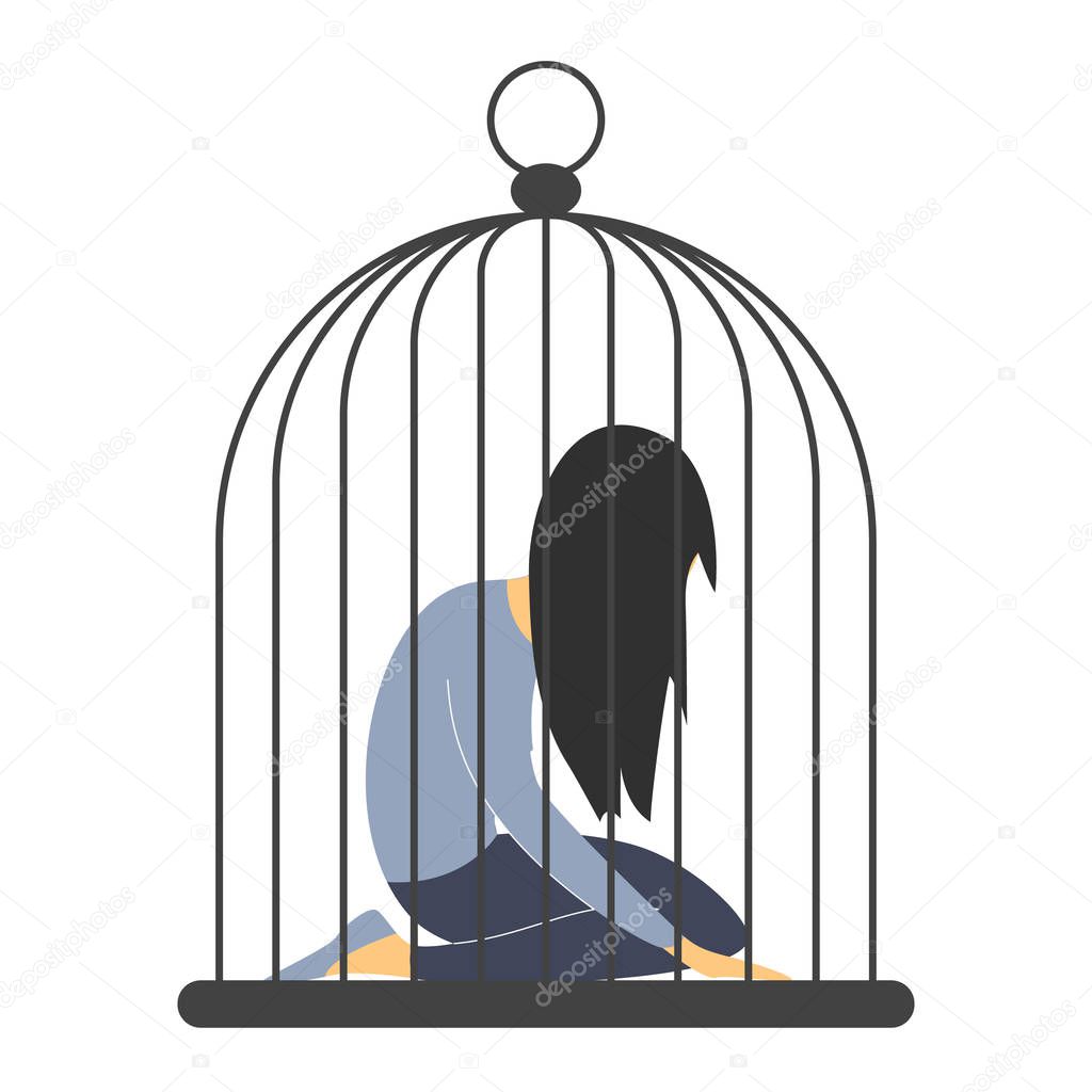 Sad woman in the cage. Man abuse woman