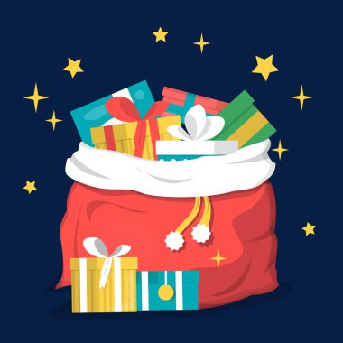 Kırmızı Noel Baba hediye çantası vektör izole. Çuvalda hediye kutusu