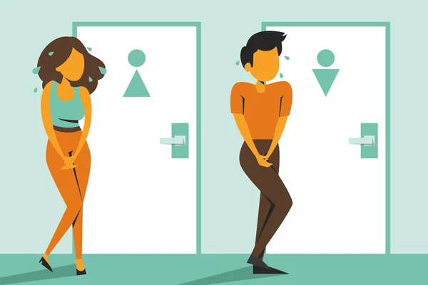 Kobieta i mężczyzna stojący przy zamkniętych drzwiach toaletowych — Wektor stockowy