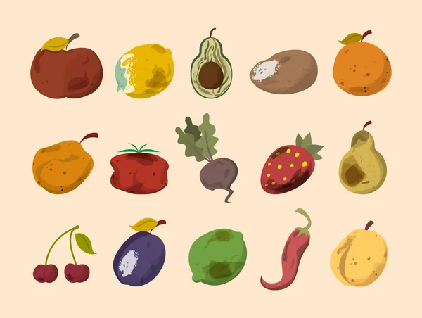 Verdura podre e vetor de frutas isolado. Resíduos alimentares — Vetor de Stock
