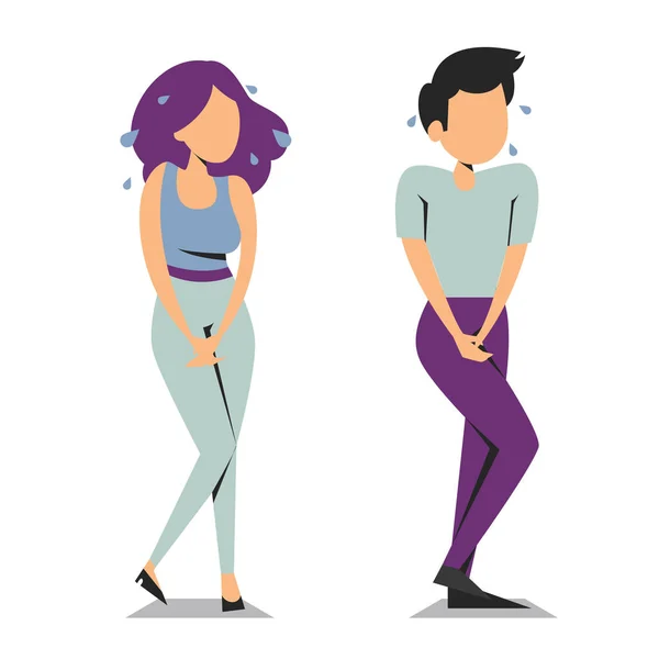 Mujer y hombre de pie y quieren orinar — Vector de stock