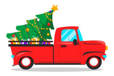 Kırmızı Noel arabası ve içinde hediyeler olan ağaç..