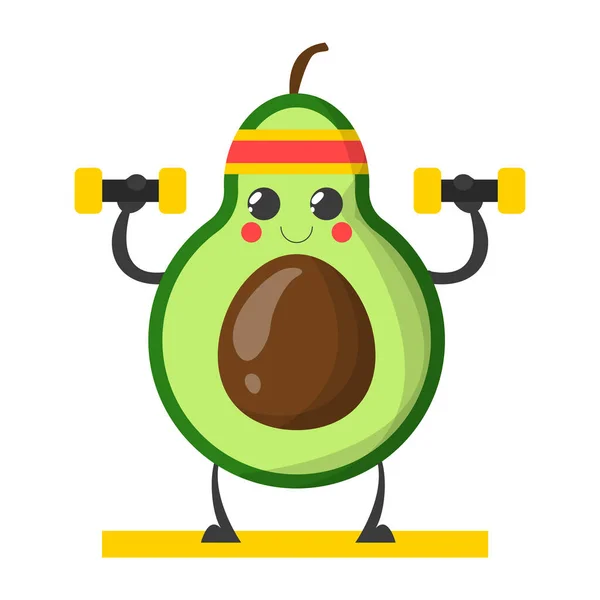 Avocado character training with dumbbell vector isolated — Stock Vector