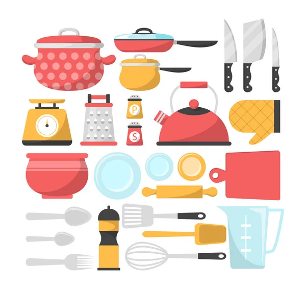 Cocina utensilio conjunto vector aislado. Tenedor, cuchillo, sartén y plato — Vector de stock