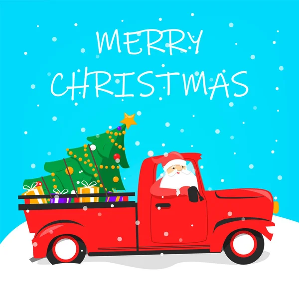 Christmas red truck and tree. Greeting card, december holiday — Stock Vector