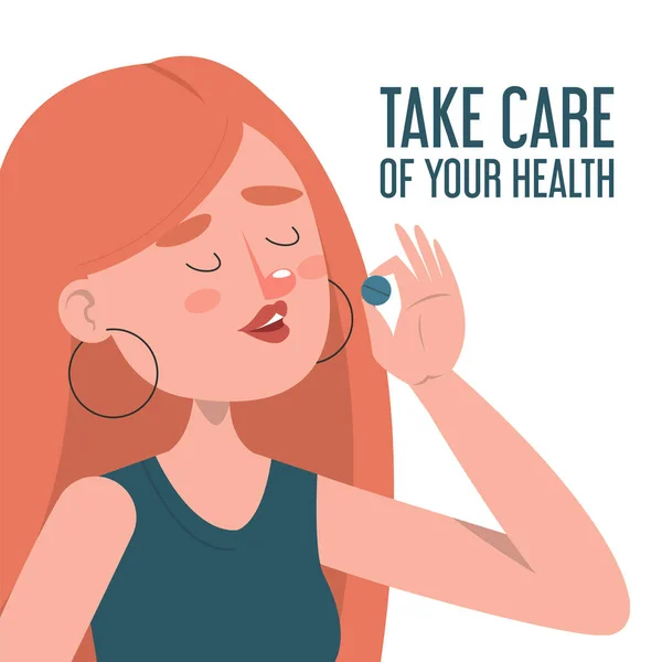 Kadın hap taşıyıcısı tutuyor. Vitamin yiyorum.