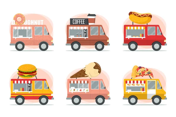 Streetfood Trucks Setzen Vektor Isoliert Pizza Burger Hot Dog Und — Stockvektor