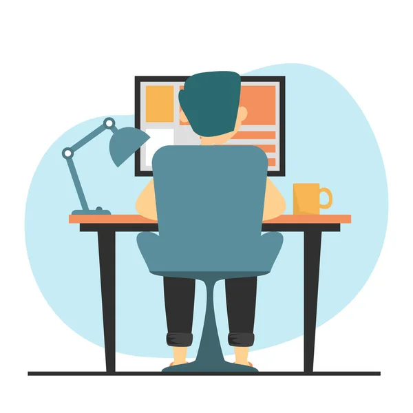 Resepsiyondaki serbest çalışan. Evden uzakta çalışıyor. Evde kal, sağlıklı kal, karantina konsepti. Masada oturan ve bilgisayarda çalışan kişi, arka plan.