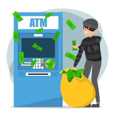 Soyguncu, izole edilmiş ATM vektöründen para çalıyor. Siyah maskeli, para çantalı bir suçlu. Erkek hırsız..