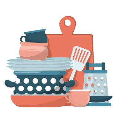 Temiz mutfak gereçleri yığını izole edildi. Yemek tepsisi, bulaşık, ev işleri. Yemek pişirme konsepti.