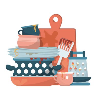 Kirli mutfak gereçleri taşıyıcısı izole edilmiş. Yemek tepsisi, bulaşık, ev işleri. Mutfakta pislik var..