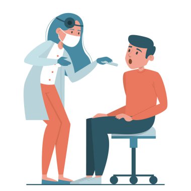 Doktor hastaların gırtlak vektörlerini kontrol ediyor. Otolaryngoloji, grip hastalığı. Hastanedeki hasta. Yetişkin kişinin incelenmesi.