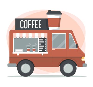 Kamyon vektöründeki kahve dükkanı izole edilmiş. Minibüsteki sokak kafesi. Bardakta sıcak, lezzetli bir içki. Şehir hizmeti.