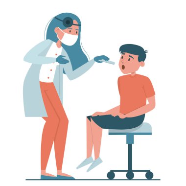Doktor hastaların gırtlak vektörlerini kontrol ediyor. Otolaryngoloji, grip hastalığı. Hastanedeki hasta. Çocuğun incelenmesi.