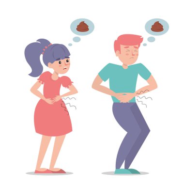 İshal vektörü olan insanlar izole edilmiş. Karın ağrısı olan kız ve erkek. Karın hastalığı. Kişi tuvalete gitmeli..