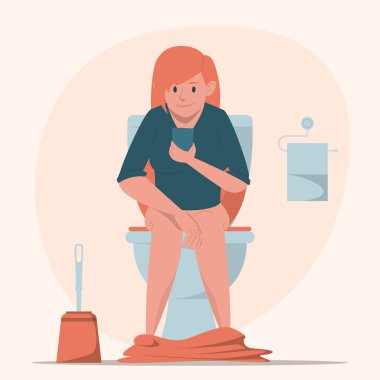 Cep telefonu vektörüyle tuvalette oturan bir kadın. Tuvaletteki adam. Komik bir illüstrasyon, tuvaletteki kız.