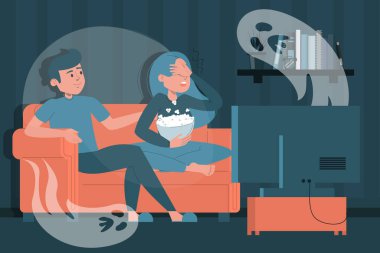 Evde korku filmi izleyen bir çift. Gözleri kapalı korkmuş bir kadın ve ona bakan bir adam. Patlamış mısırlı kız, TV zamanı..