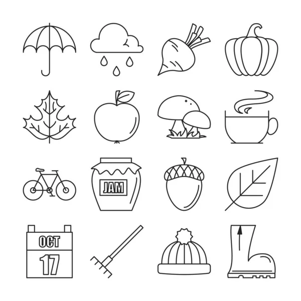 Autumn Icons Collection Set Line Symbols Vegetable Umbrella Rain Maple — Stock Vector