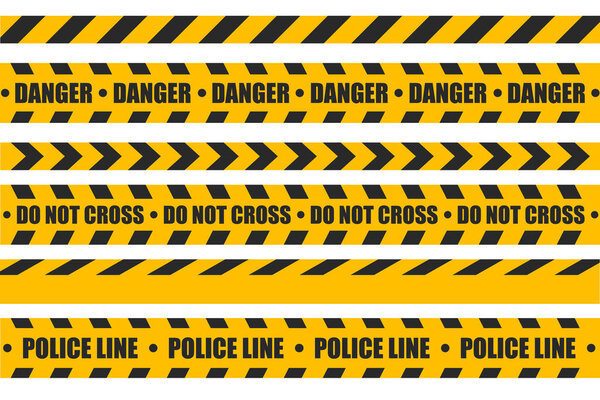 Yellow caution tapes set vector isolated. Security line with text on it. Warning, danger, do not cross. Barrier around the crime scene.