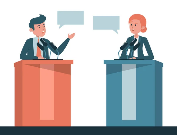 Münazara vektörü izole edildi. Tartışılan iki aday, ABD 'de başkanlık seçimi. Kadın ve erkek tribünde mikrofonda..