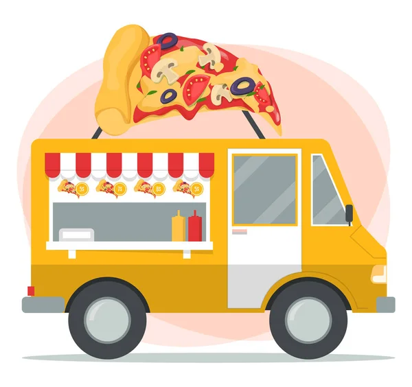 Fast Food Truck Streetfood Café Bild Einer Großen Pizzascheibe Auf — Stockvektor