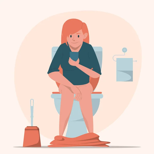 Vrouw Zittend Toilet Met Mobiele Telefoon Vector Geïsoleerd Persoon Het — Stockvector