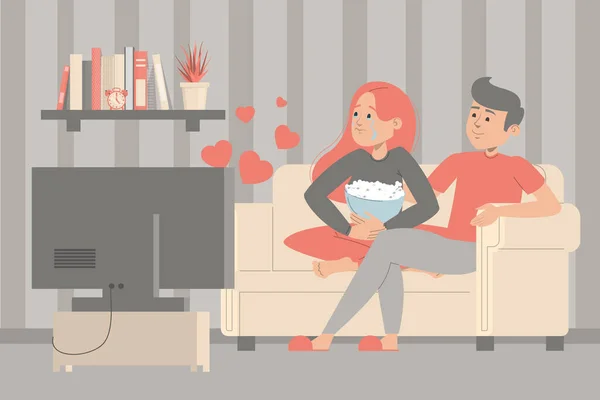 Pasangan Menonton Film Romantis Bersama Sama Rumah Wanita Memegang Jagung - Stok Vektor