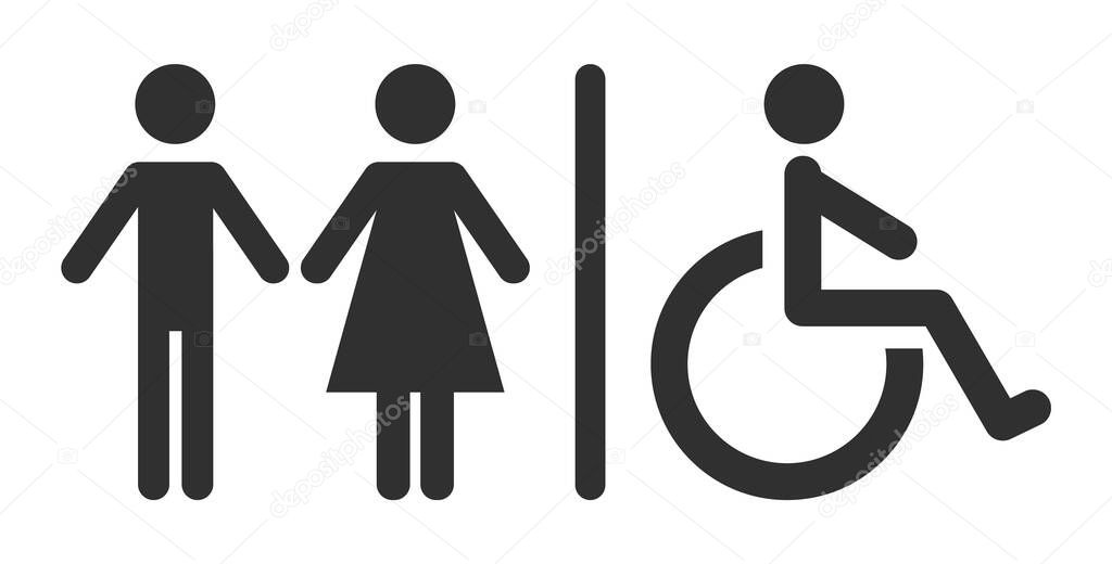 Toilet signs vector isolated. Simple icons for restroom, male, female and disabled. Public lavatory pictogram.